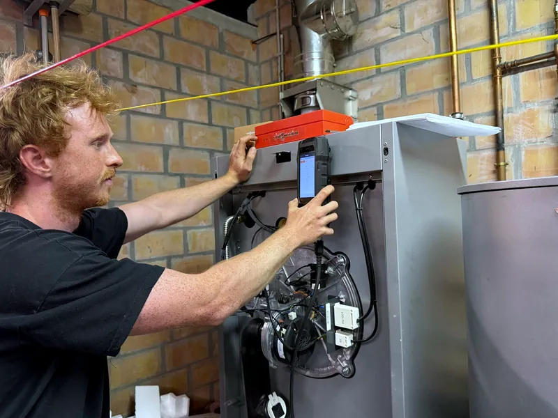 Erkend technicus van ThermoVlaanderen voert onderhoud uit via het ThermoGarant serviceplan